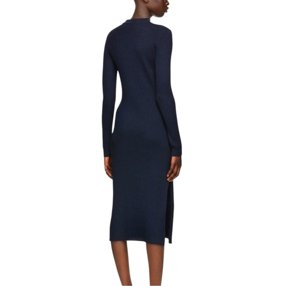 NWT Studio Nicholson Vico Navy Blue Roll High Neck Wool Rib Knit Midi Dress sz 1 - Picture 3 of 12